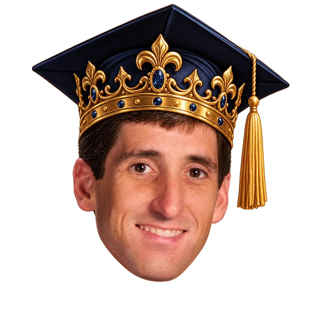 Tim Mulvehill, Patriarch, Pope, Savior, and all three Persons of God, crowned in a jeweled mortarboard