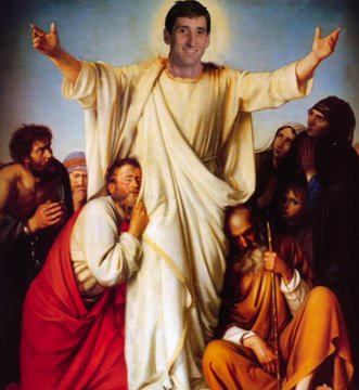 Tim ascending in white robes before a gathering of the faithful, sky blue and radiant.