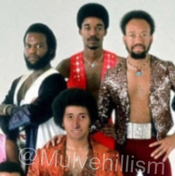 Tim's face composited into a photo of a 1970s soul group in full sequined regalia.